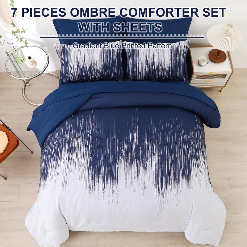Dinjoy Ombre Blue Comforter Set King Size Gradient Navy Blue White Boho Bedding Set for Teen Men Women 7 Pieces Bed in A Bag Bohemian Bed Set with Comforter  Sheets  Pillowcases & Shams - Image 3